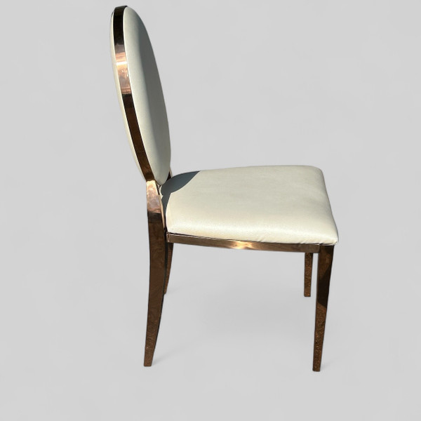 Set of Six Medallion Back Chairs in Brass and White Leatherette Circa 1980