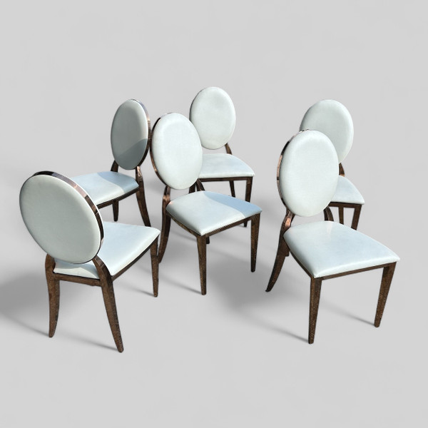 Set of Six Medallion Back Chairs in Brass and White Leatherette Circa 1980