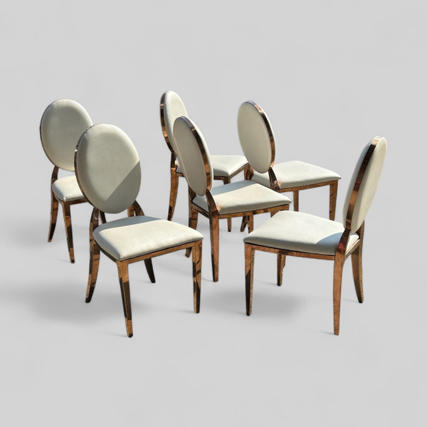Set of Six Medallion Back Chairs in Brass and White Leatherette Circa 1980