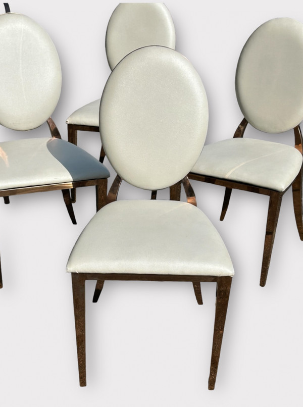 Set of Six Medallion Back Chairs in Brass and White Leatherette Circa 1980