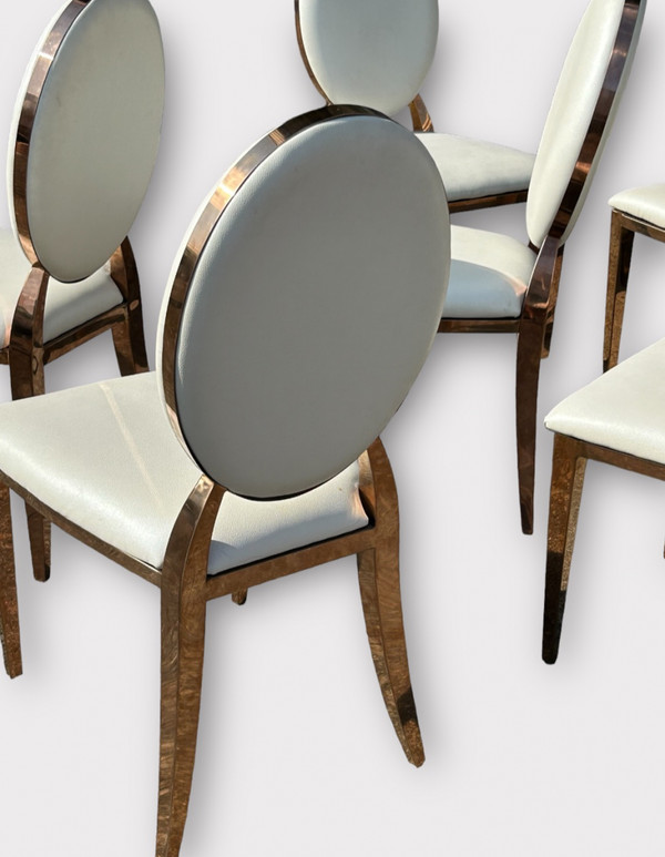 Set of Six Medallion Back Chairs in Brass and White Leatherette Circa 1980