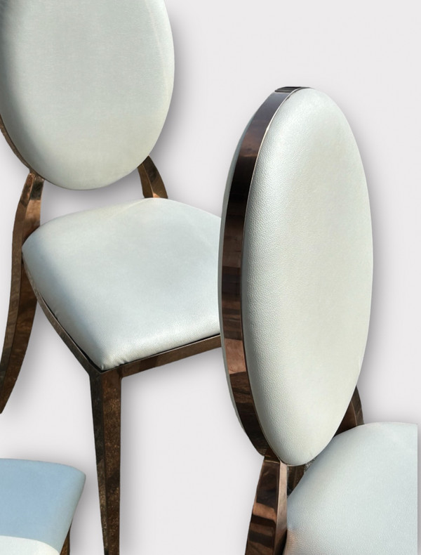 Set of Six Medallion Back Chairs in Brass and White Leatherette Circa 1980