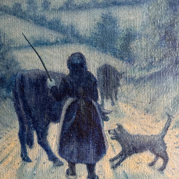 Oil on canvas by Bernard XXe representing a farmer's wife on a path