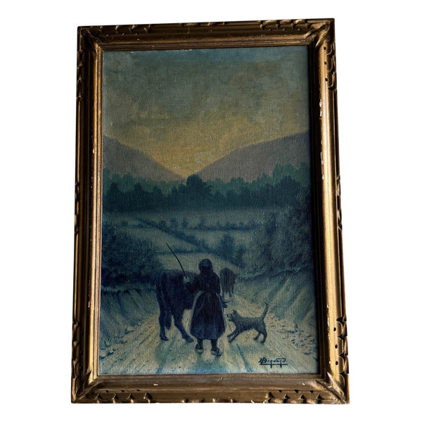 Oil on canvas by Bernard XXe representing a farmer's wife on a path
