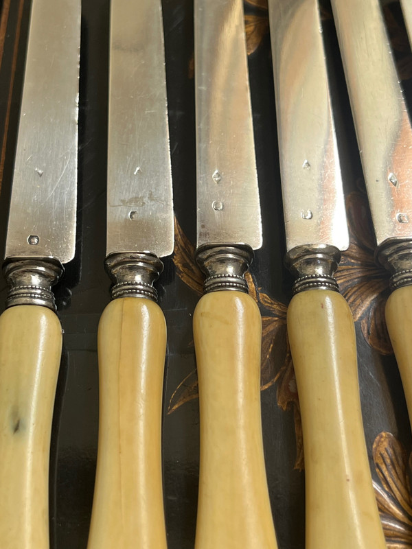6 coltelli da frutta fine '800 collare con lama in argento 