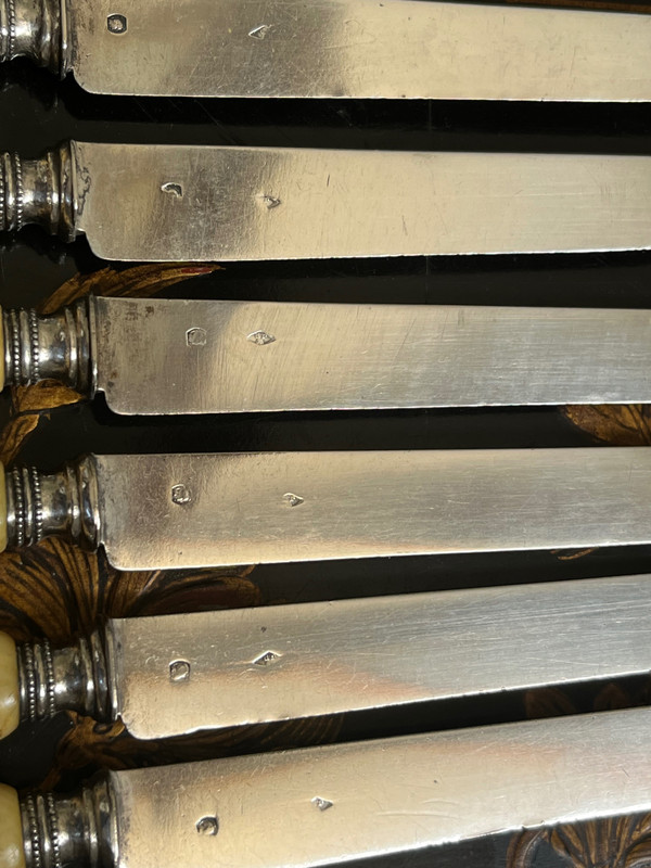 6 coltelli da frutta fine '800 collare con lama in argento 