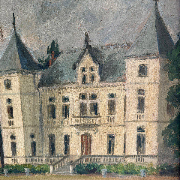 Huile sur carton représentant une propriété début XXe cadre doré