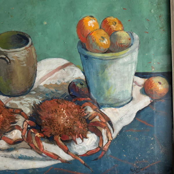 Watercolor on paper by E. Legros 1956 still life with crabs