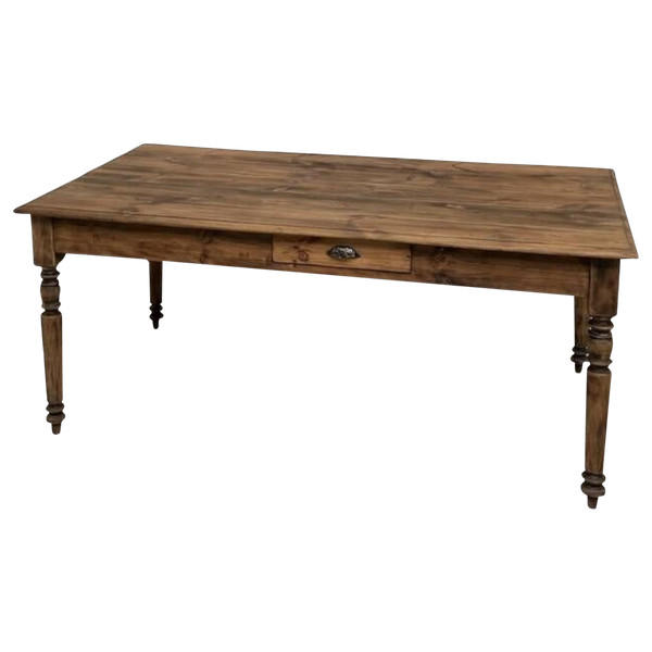 Table de ferme ancienne des années 50, à 3 tiroirs et aux pieds tournés