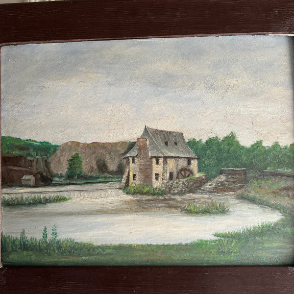 Huile sur carton début XXe moulin à eau cadre baguette