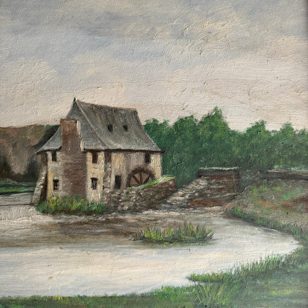 Huile sur carton début XXe moulin à eau cadre baguette