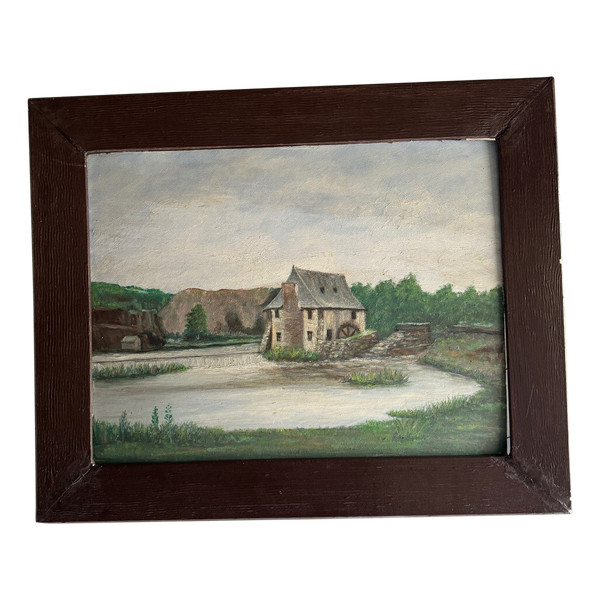 Huile sur carton début XXe moulin à eau cadre baguette