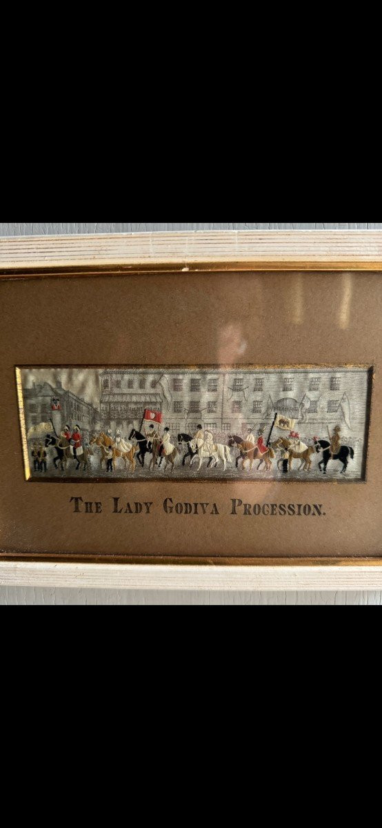 Opera inglese di ricamo del XIX secolo I cavalieri della processione di Lady Godiva
