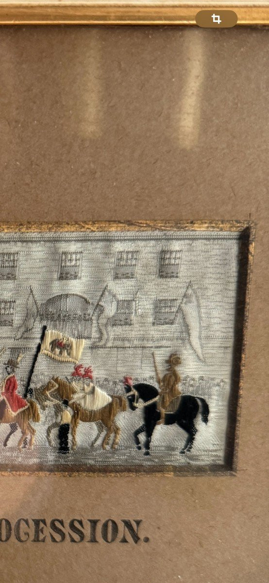 Opera inglese di ricamo del XIX secolo I cavalieri della processione di Lady Godiva