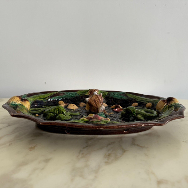 Barbotine dish decorated with shells and Palissy lizard