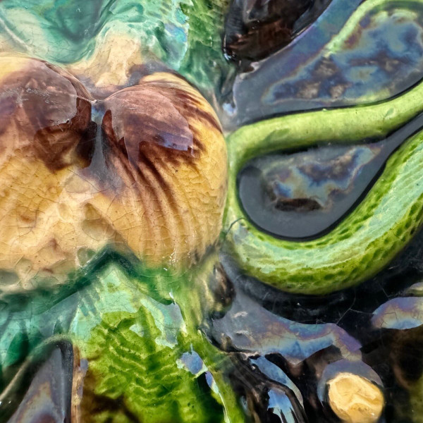 Barbotine dish decorated with shells and Palissy lizard