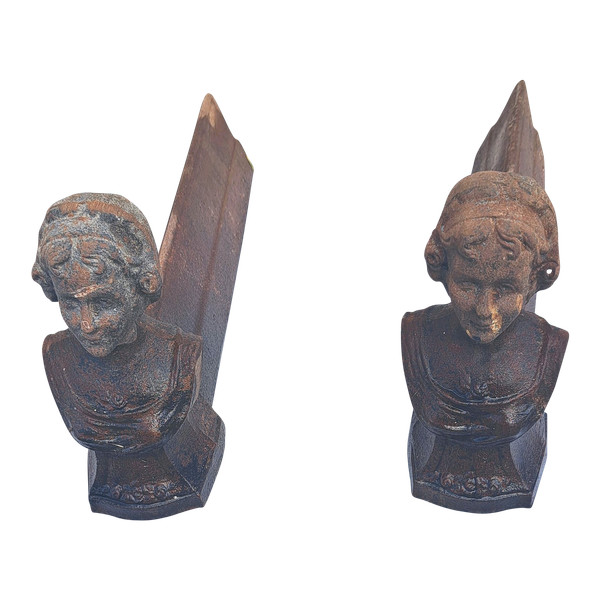 Coppia di alari da camino, busto di donna del XIX secolo