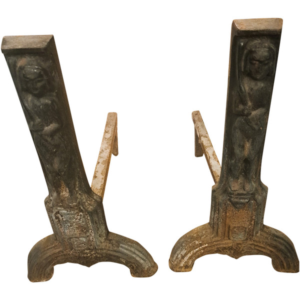 Pair of Gothic Style Fireplace Andirons 19th Century