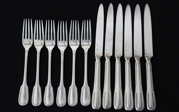 Servizio da dessert in argento massiccio 6 coltelli + 6 forchette XIX secolo