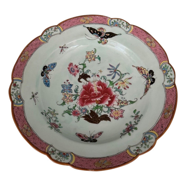 China plate with 19th century signature decorated with butterflies and vegetation