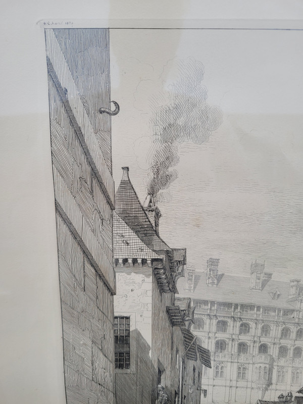 Gravure par "De la Rochebrune "/ Rare Vue sur le chateau de Blois 1871
