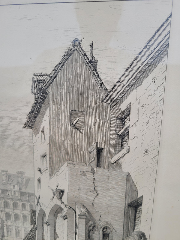 Gravure par "De la Rochebrune "/ Rare Vue sur le chateau de Blois 1871