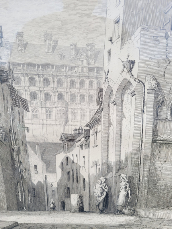 Gravure par "De la Rochebrune "/ Rare Vue sur le chateau de Blois 1871