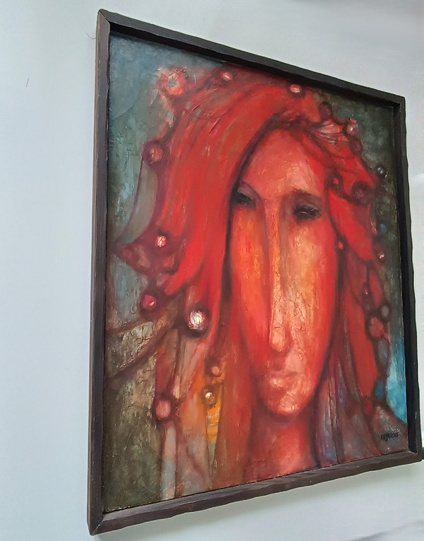 René CAZASSUS „Rote Prinzessin“ Gemälde Öl auf Leinwand Porträt einer Frau