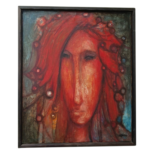 René CAZASSUS „Rote Prinzessin“ Gemälde Öl auf Leinwand Porträt einer Frau