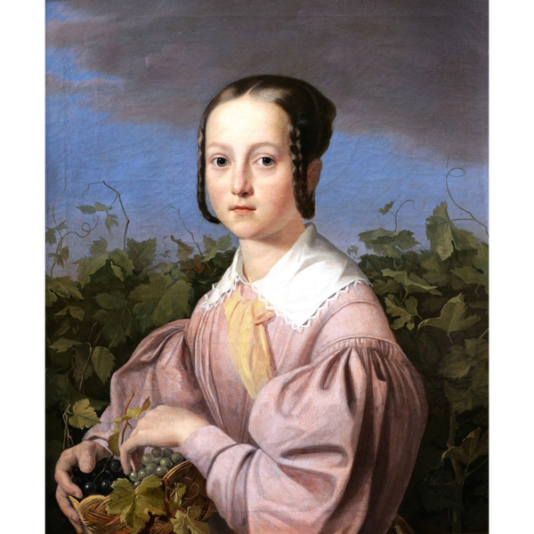 Joseph WEBER, Portrait d'une jeune fille tenant une corbeille de raisin