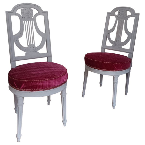 France, Louis XVI period - pair of lyre chairs, relacquered and maddered silk velvet