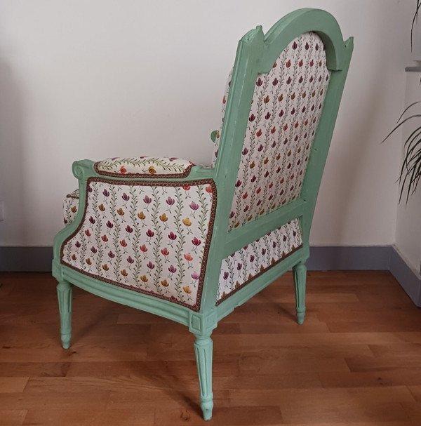 Rhône Valley, Louis XVI period - ample bergère à la reine - restored, Lelièvre silk