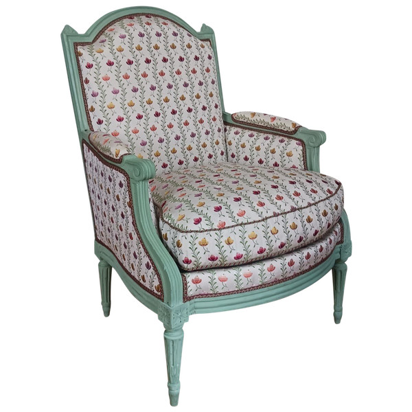 Rhône Valley, Louis XVI period - ample bergère à la reine - restored, Lelièvre silk