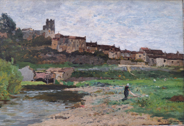 Edmond Petitjean (1844-1925), Une Lavandière Devant Moret Sur Loing (?)