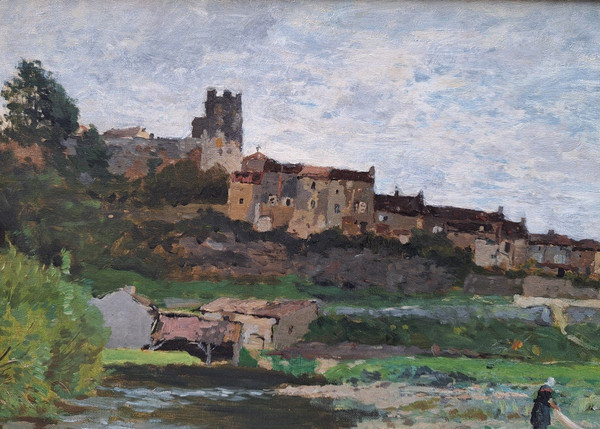 Edmond Petitjean (1844-1925), Une Lavandière Devant Moret Sur Loing (?)