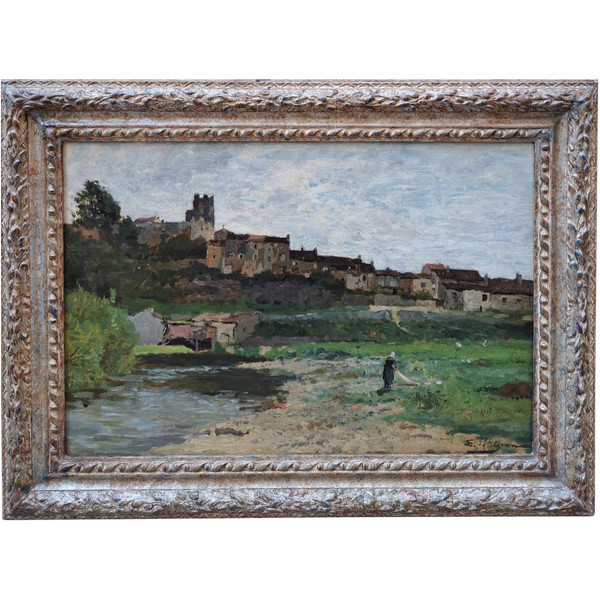Edmond Petitjean (1844-1925), Une Lavandière Devant Moret Sur Loing (?)