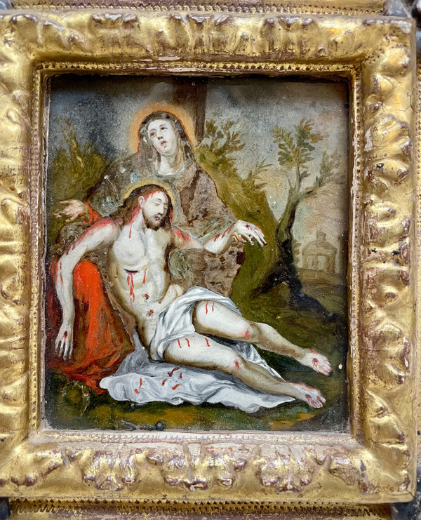 Piéta fixé sous verre 1715 , école italienne