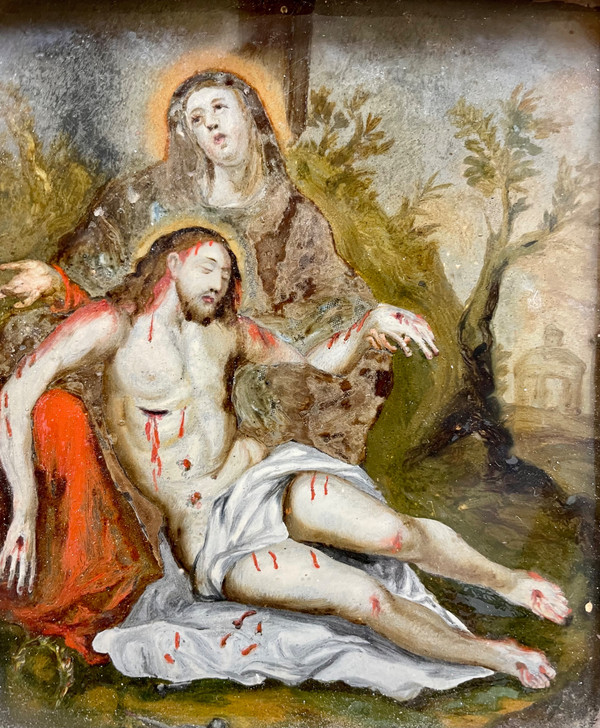 Piéta fixé sous verre 1715 , école italienne