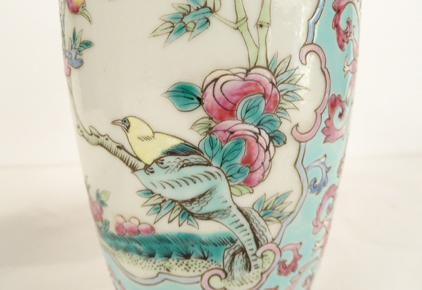 Pair of Chinese Porcelain Baluster Vases Birds Flowers Double Circle 19th century