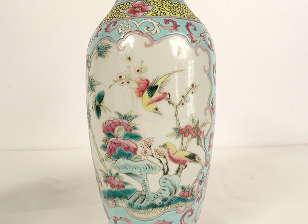 Pair of Chinese Porcelain Baluster Vases Birds Flowers Double Circle 19th century