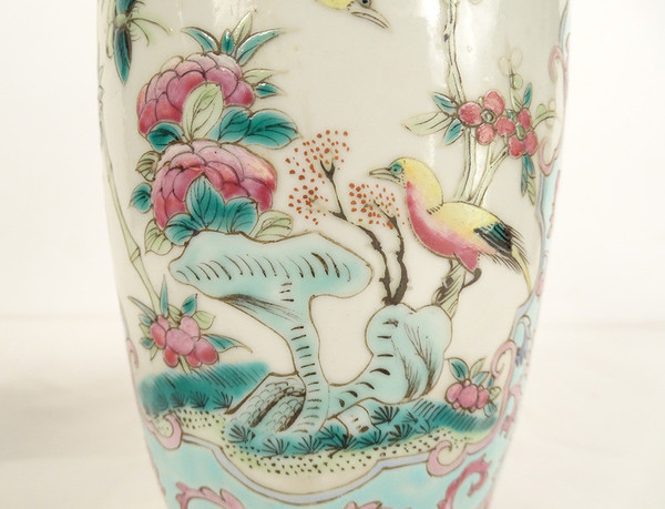 Pair of Chinese Porcelain Baluster Vases Birds Flowers Double Circle 19th century