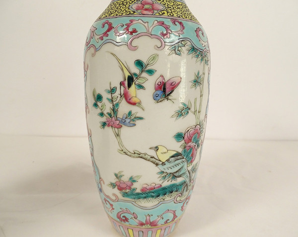 Pair of Chinese Porcelain Baluster Vases Birds Flowers Double Circle 19th century
