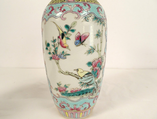 Pair of Chinese Porcelain Baluster Vases Birds Flowers Double Circle 19th century