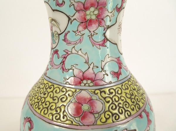 Pair of Chinese Porcelain Baluster Vases Birds Flowers Double Circle 19th century
