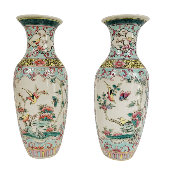 Pair of Chinese Porcelain Baluster Vases Birds Flowers Double Circle 19th century