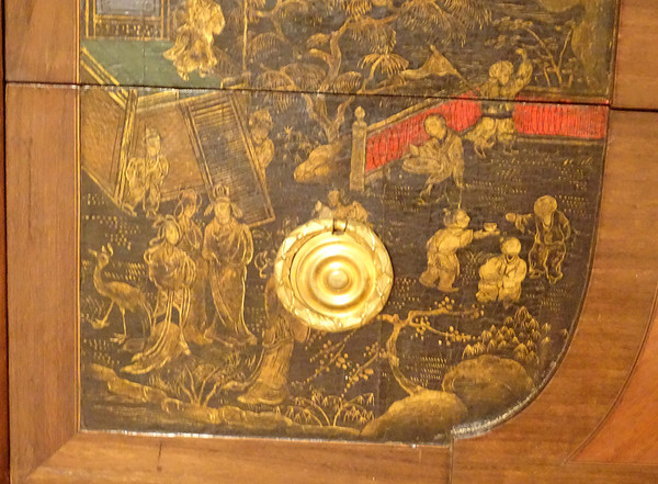 Commode Transition marqueterie panneaux laque Chine paysages marbre XVIIIè