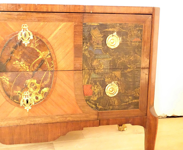 Commode Transition marqueterie panneaux laque Chine paysages marbre XVIIIè