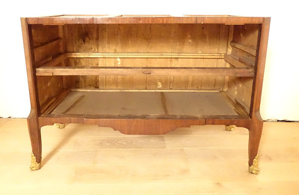 Commode Transition marqueterie panneaux laque Chine paysages marbre XVIIIè