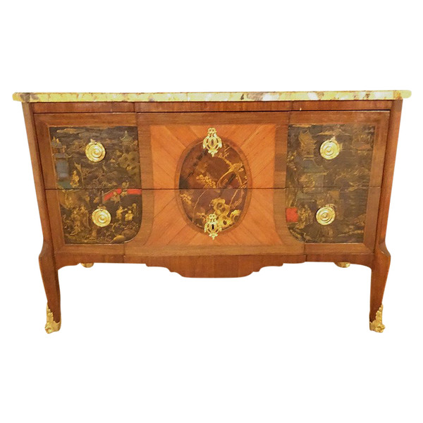 Commode Transition marqueterie panneaux laque Chine paysages marbre XVIIIè