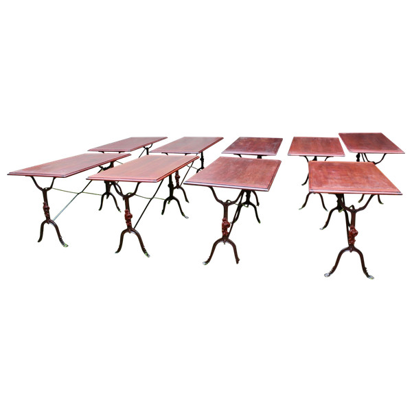Suite De 9 Tables De Bistrot 1900 à Piètement Fer Forgé à Décor De Rose